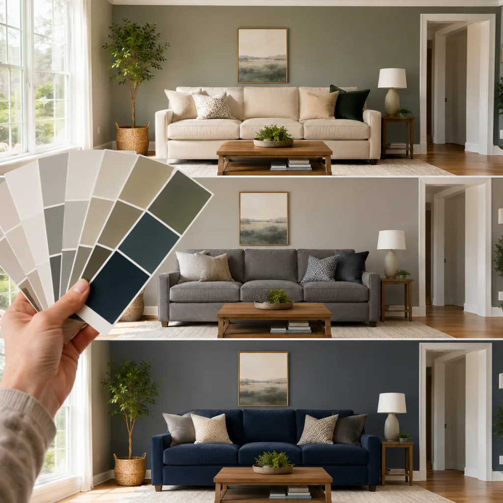 Realistic editorial photo of a living room with sofas in different upholstery colors, pillows, wall paint, and daylight showing choosing color for an empty room