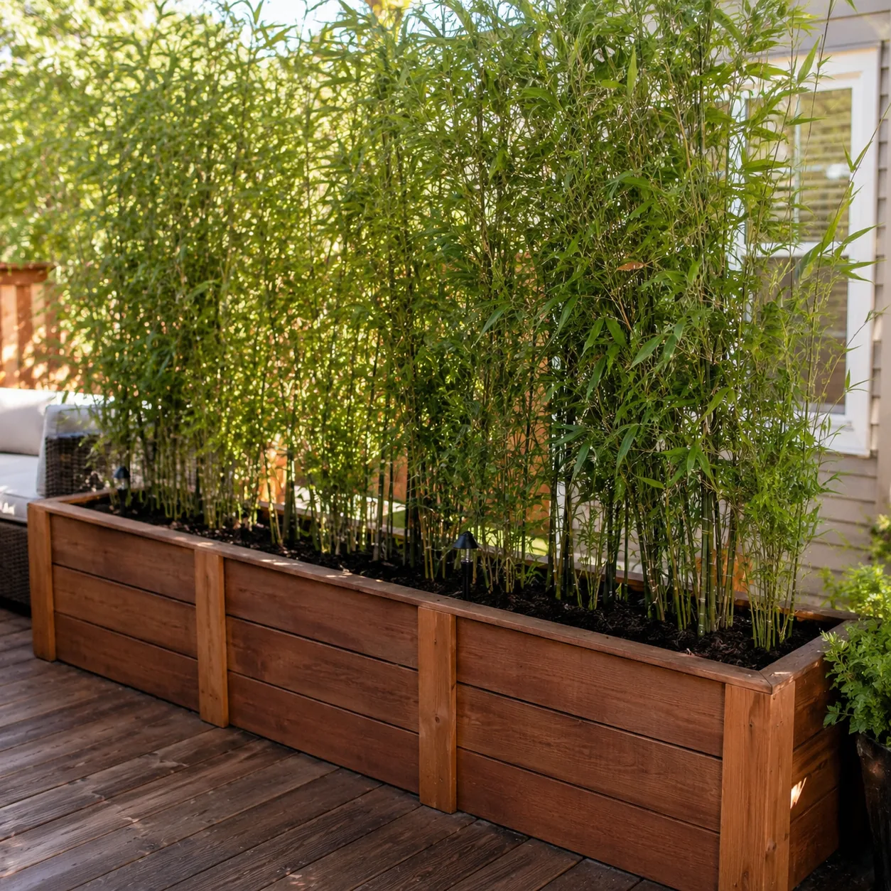 Realistic editorial photo of a privacy planter box in budget backyard weekend upgrade, realistic editorial photo, natura