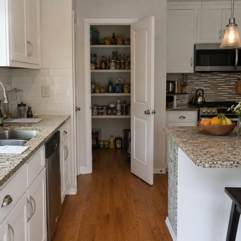Realistic editorial photo of a realistic American kitchen with sink, cabinets, appliances, counters, and inspection details showing pantry zone that fights cook