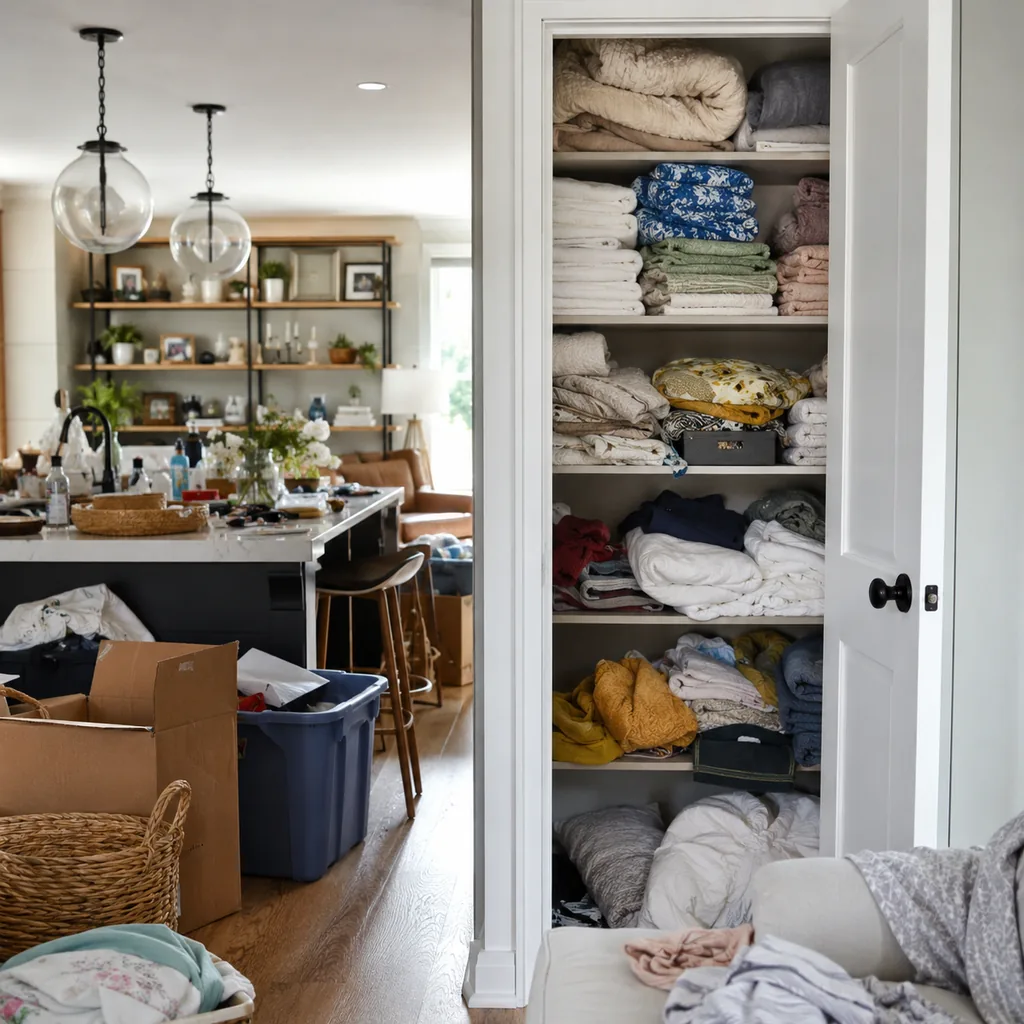 Realistic editorial photo of a realistic cluttered living room and kitchen area with boxes, counters, shelves, and organizing bins showing linen closet with no 
