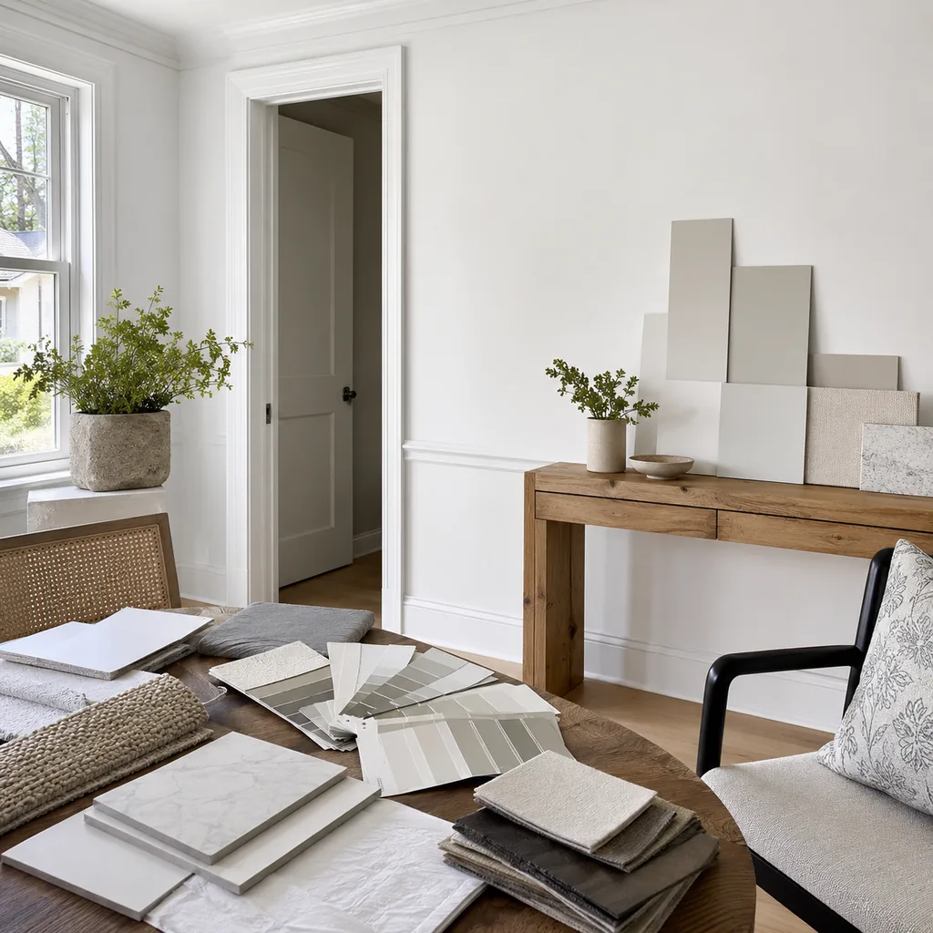 Realistic editorial photo of a room with paint swatches, sample boards, wall colors, trim, furniture, and daylight showing bright white walls with no warmth