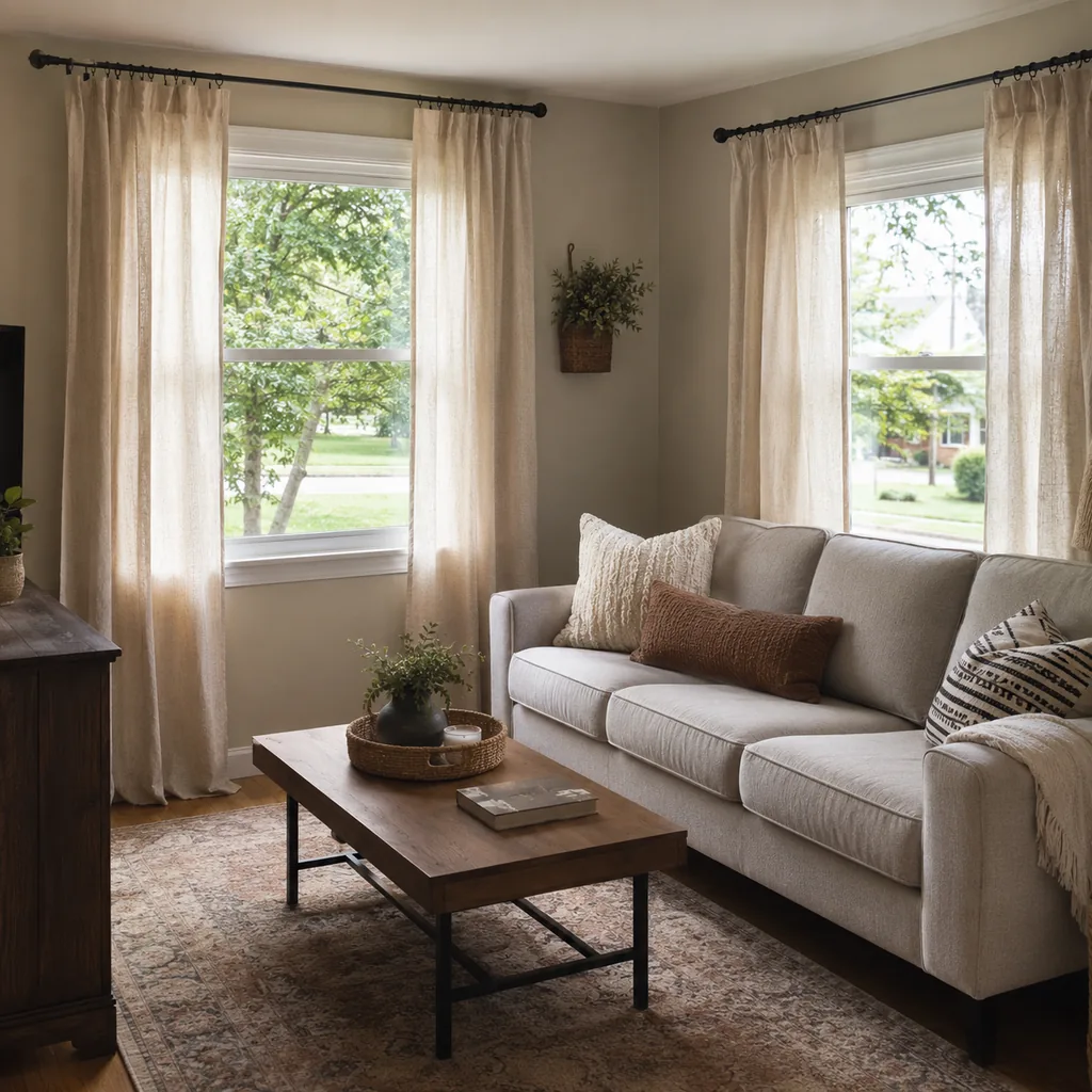 Realistic editorial photo of a small American room with windows, curtains, rods