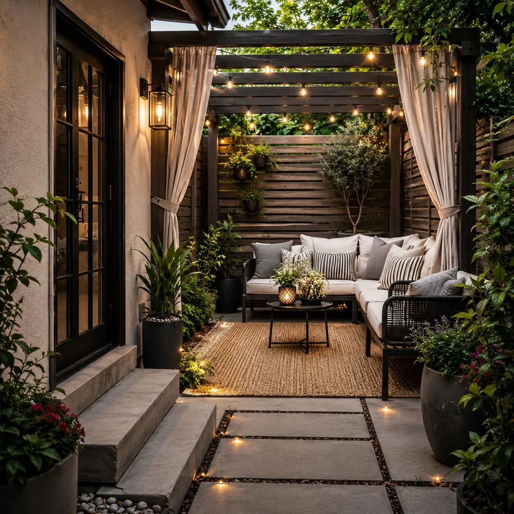 Realistic editorial photo of a small patio with compact seating, outdoor rug, plants, side table, curtains, and privacy screen showing lighting skipping the pat