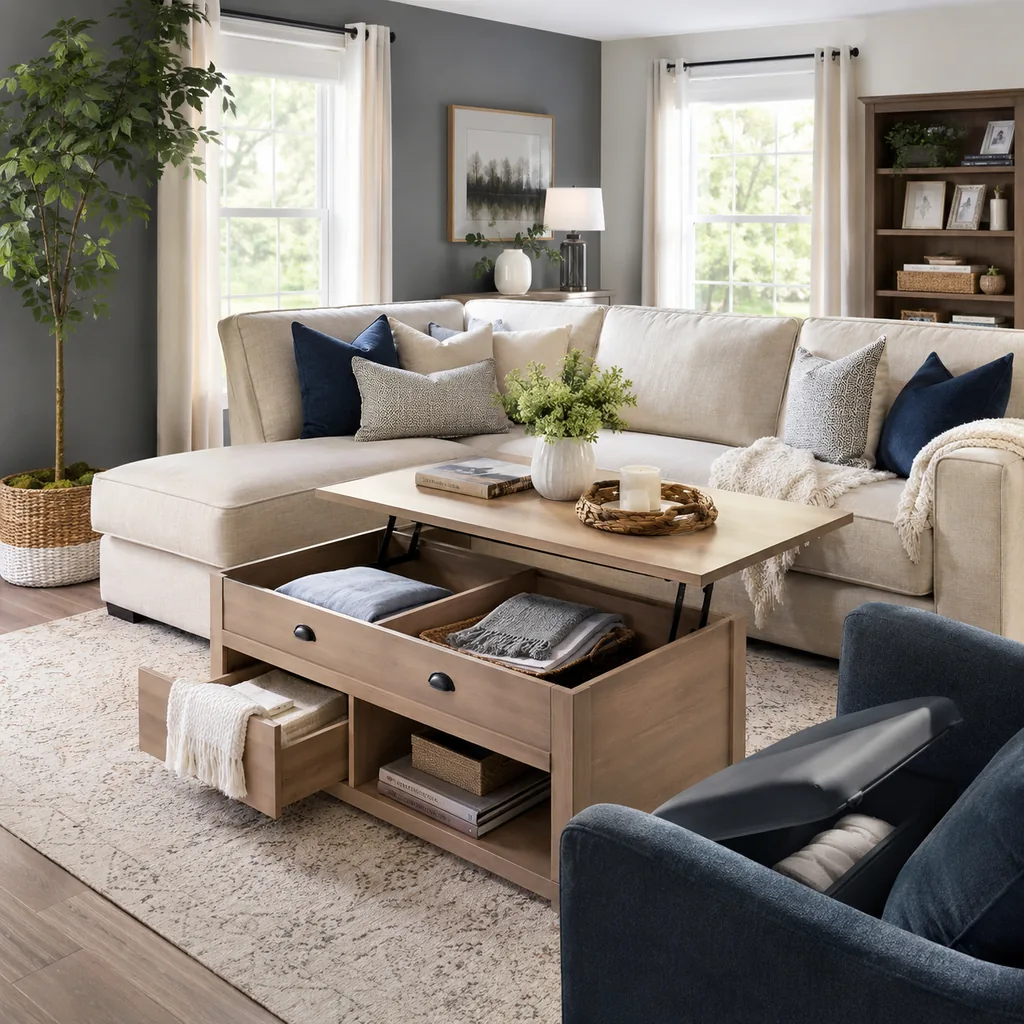 Realistic editorial photo of a staged American living room with sofa, rug, windows, lighting, and buyer-facing details showing storage that hides daily clutter