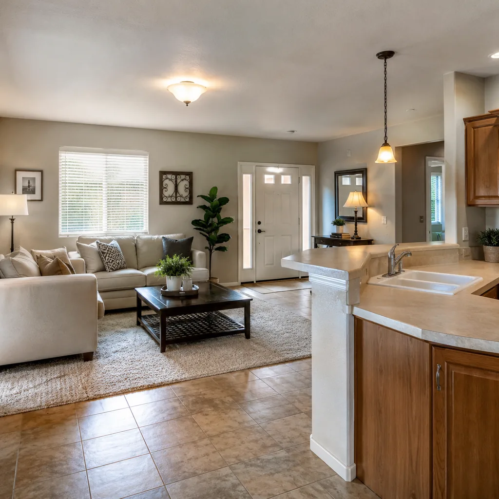 Realistic editorial photo of a staged home interior with living room, entry, lighting, furniture placement, and listing-photo details showing old caulk around w