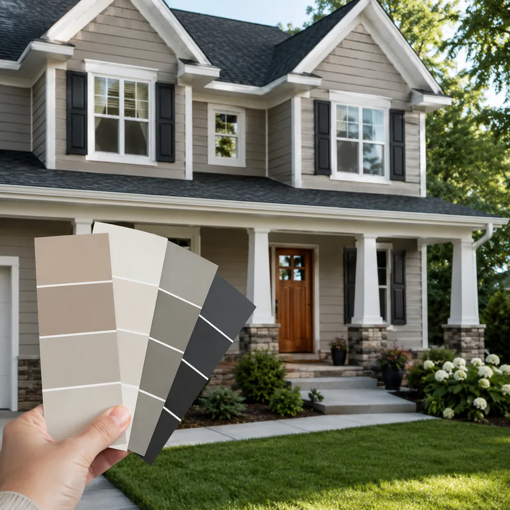 Realistic editorial photo of a suburban home exterior with siding, trim, roof, front door, lawn, and paint swatches showing paint chosen before fabric and floor