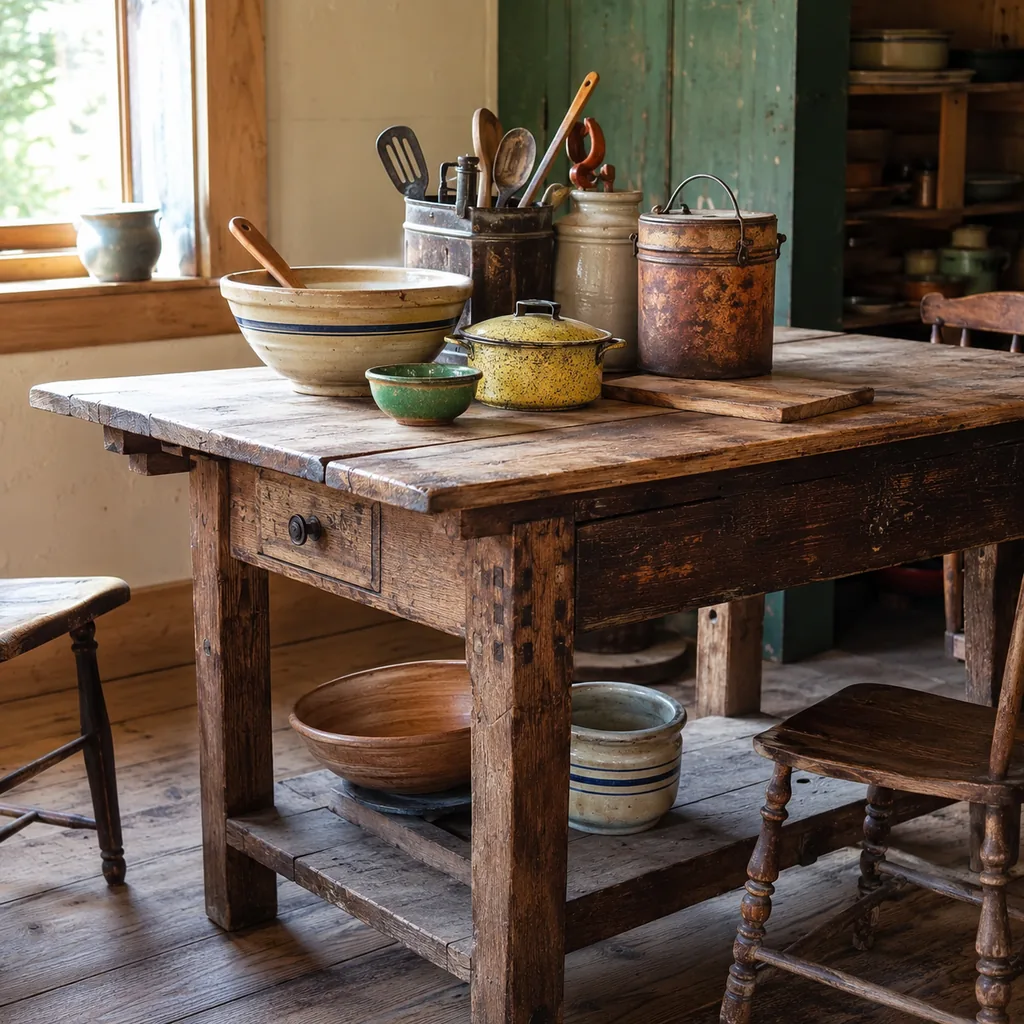 Realistic editorial photo of a vintage kitchen table with bowls, enamel cookware, utensils, tins, and warm window light showing hand-cut joinery