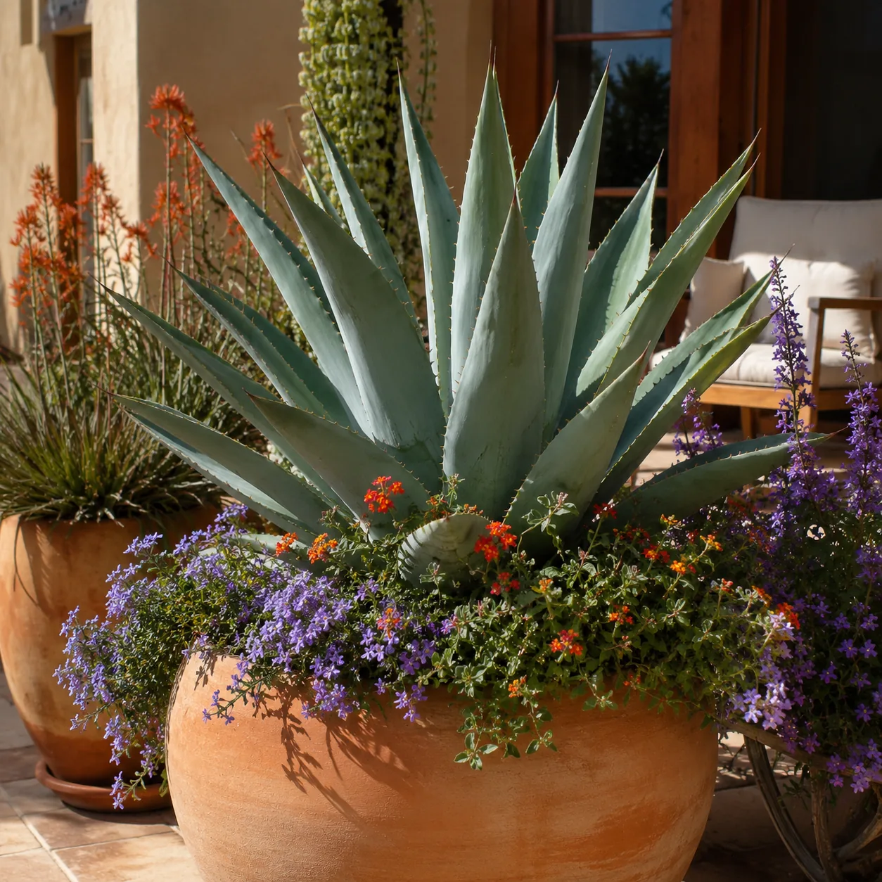 Realistic editorial photo of Agave growing in sunny patio containers with heat tolerant flowering plants, realistic edit