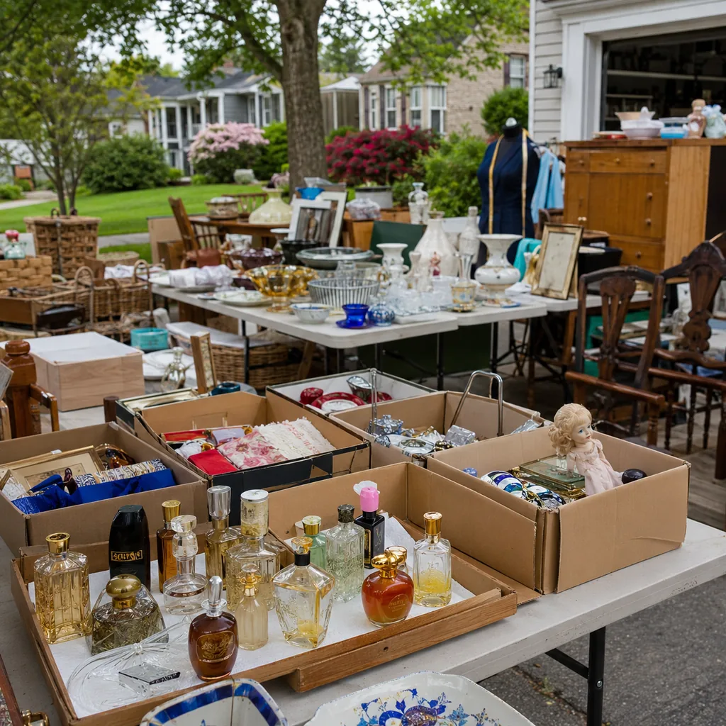 Realistic editorial photo of an American garage sale with folding tables, boxes, old kitchen items, furniture, and collectibles showing perfume bottles with ori
