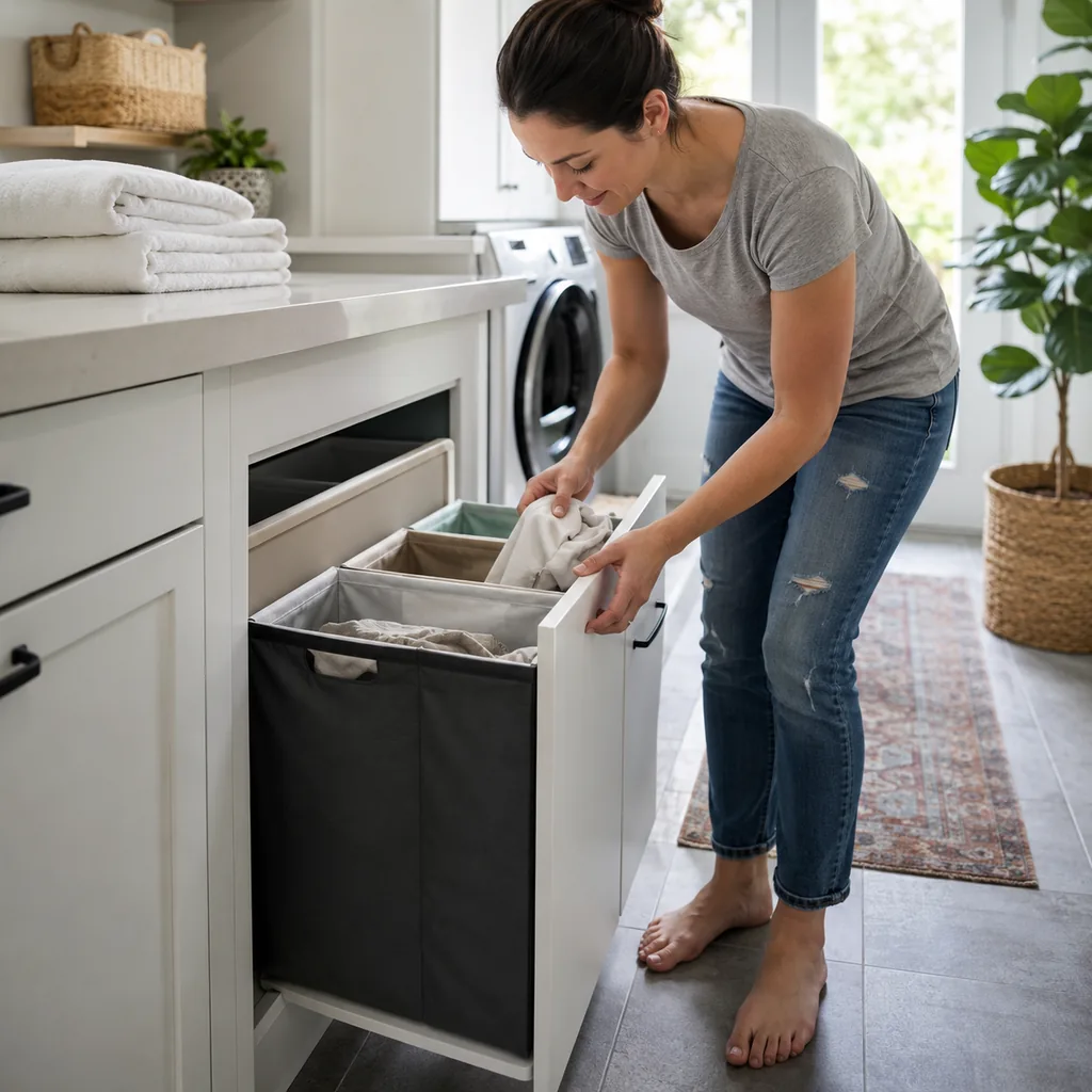 Realistic editorial photo of an American laundry room showing using a tiny hamper system for a busy home