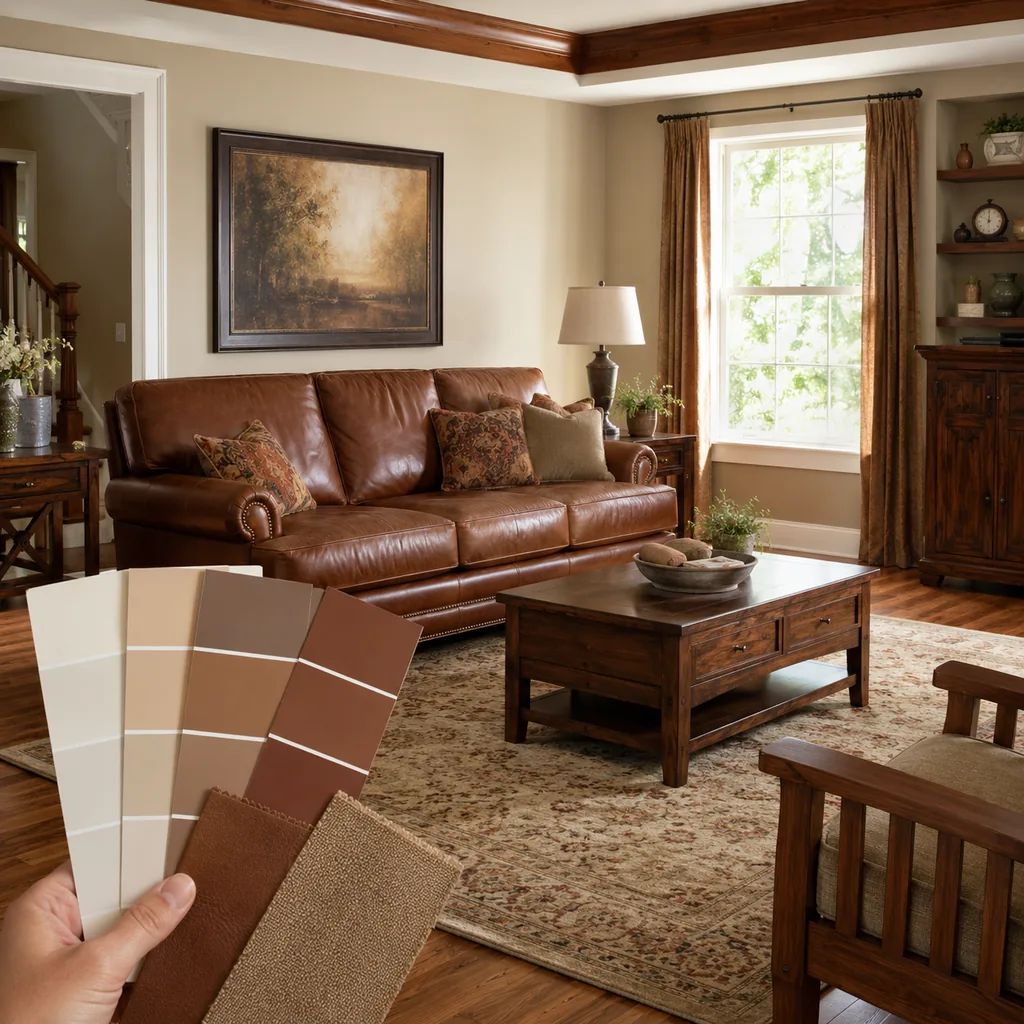 Realistic editorial photo of an American living room with paint swatches, sofa fabric, wall colors, and natural light showing brown leather with too many warm w