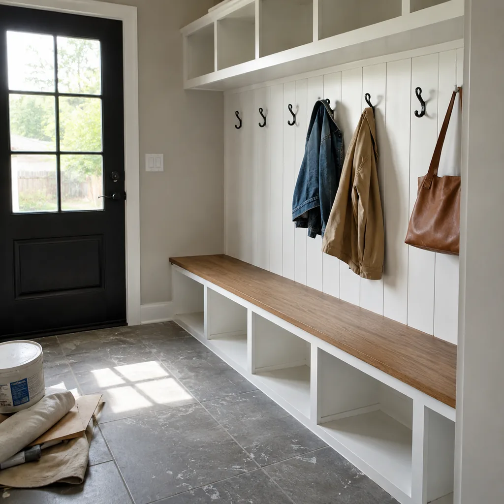 Realistic editorial photo of an American mudroom showing forgetting a trash bin