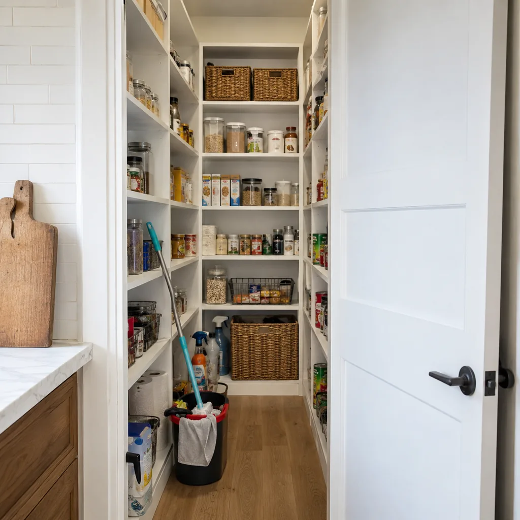 Realistic editorial photo of an American walk-in pantry showing not planning for cleaning supplies