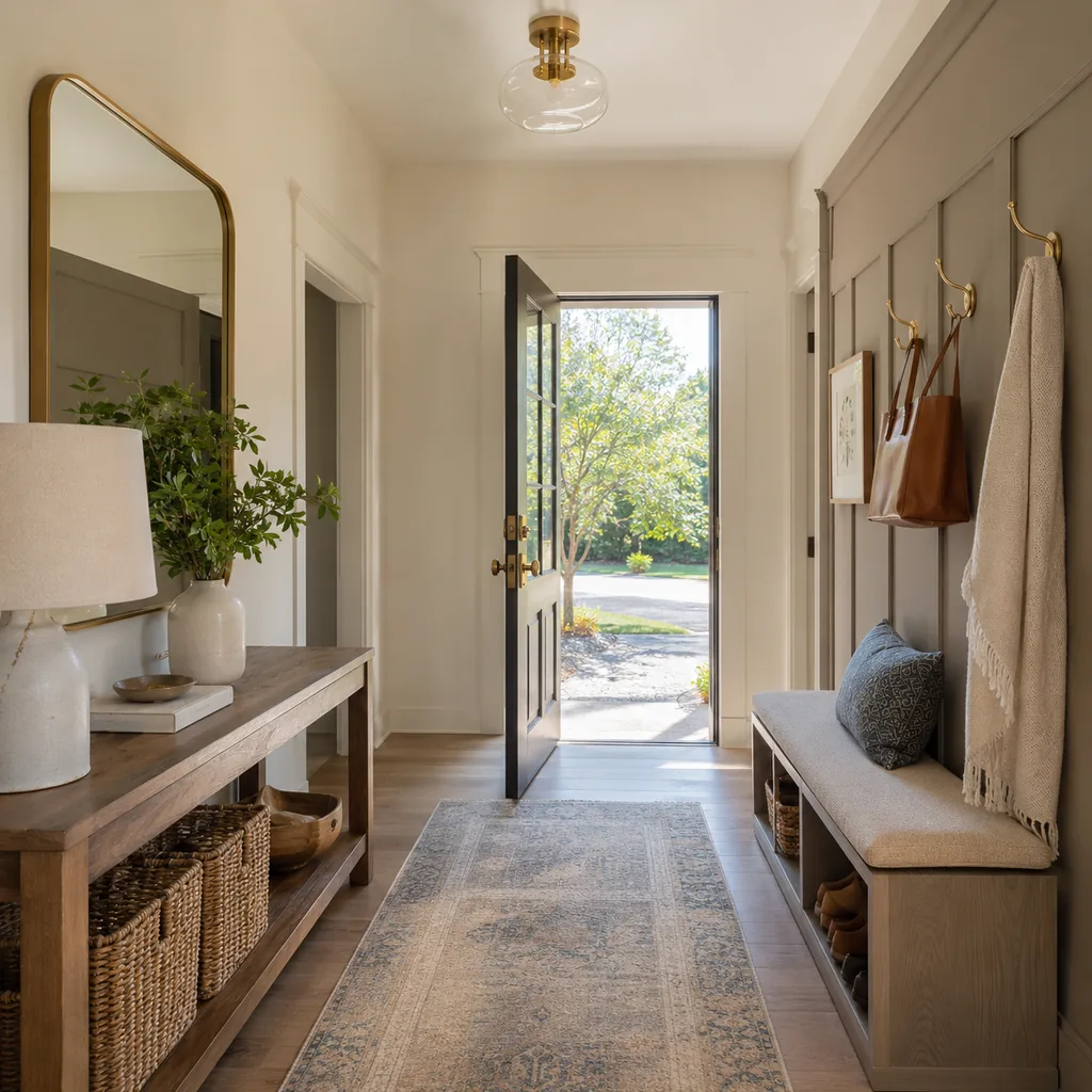Realistic editorial photo of an entryway with console table, mirror, bench, hooks, rug, lighting, and storage showing brass hardware used without overdoing it