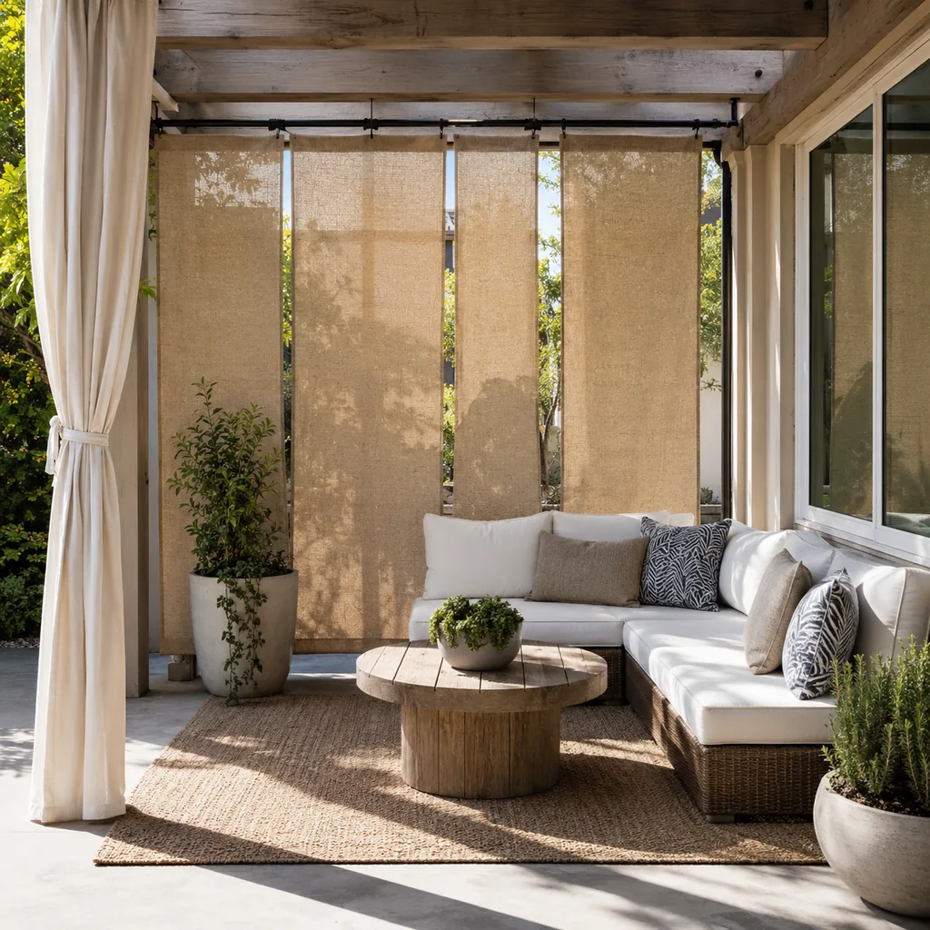 Realistic editorial photo of an outdoor patio with pergola curtains, seating, plants, fabric panels, and sunlight showing curtain alternative that cannot be cle