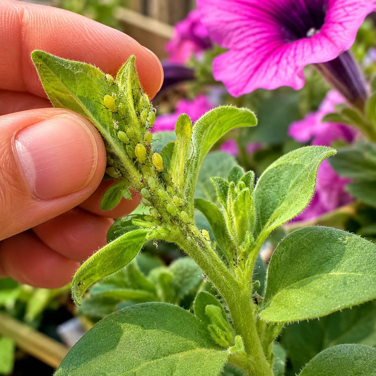 Realistic editorial photo of aphids on tender petunia growth being inspected, warm natural light, practical home gardeni