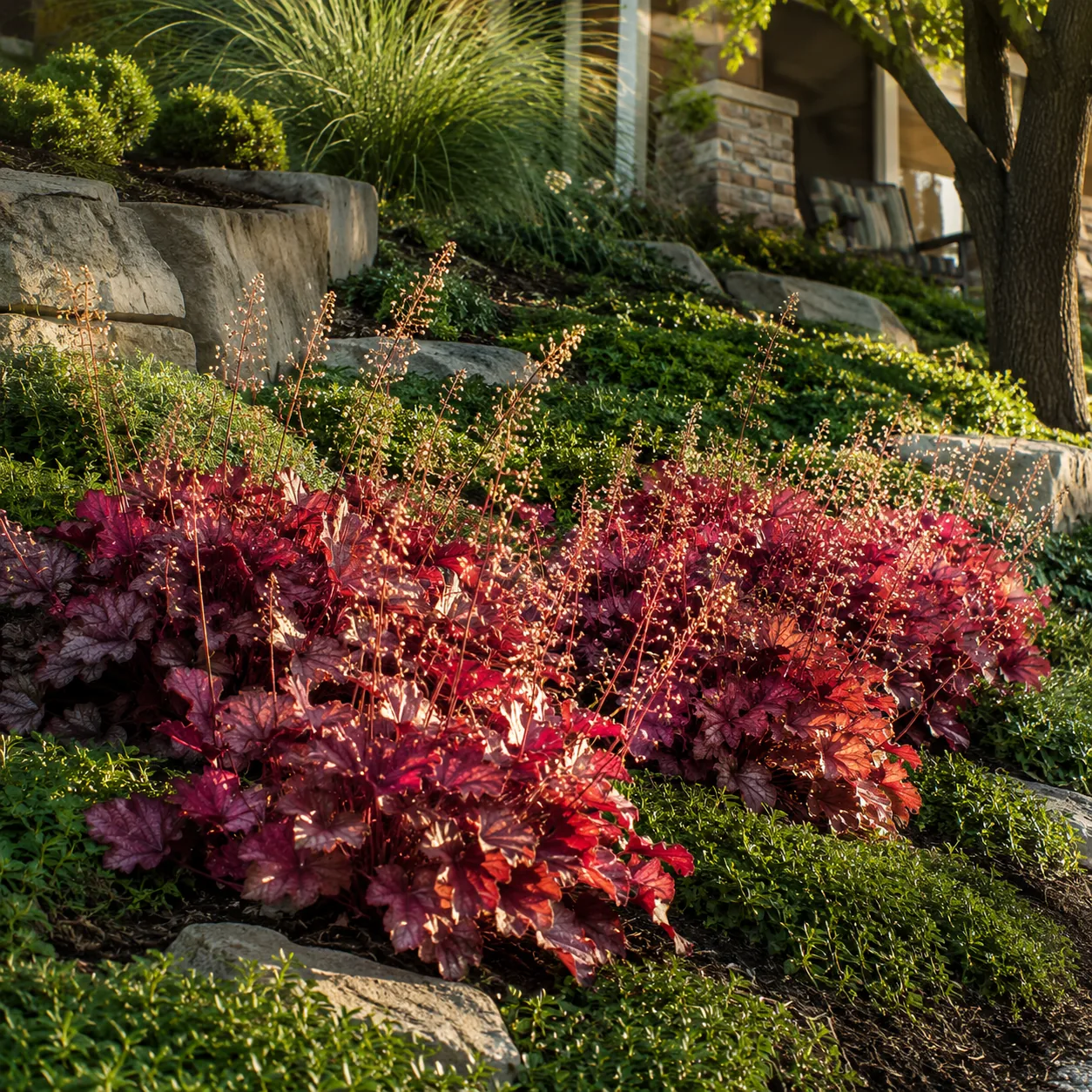Realistic editorial photo of Coral bells massed together growing in sloped front yard planted with controlled ground cov