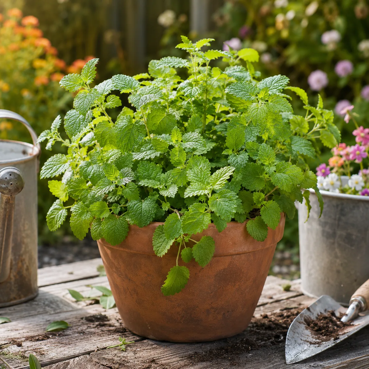 Realistic editorial photo of Lemon balm in a pot growing in a practical edible and flower garden, realistic editorial ph