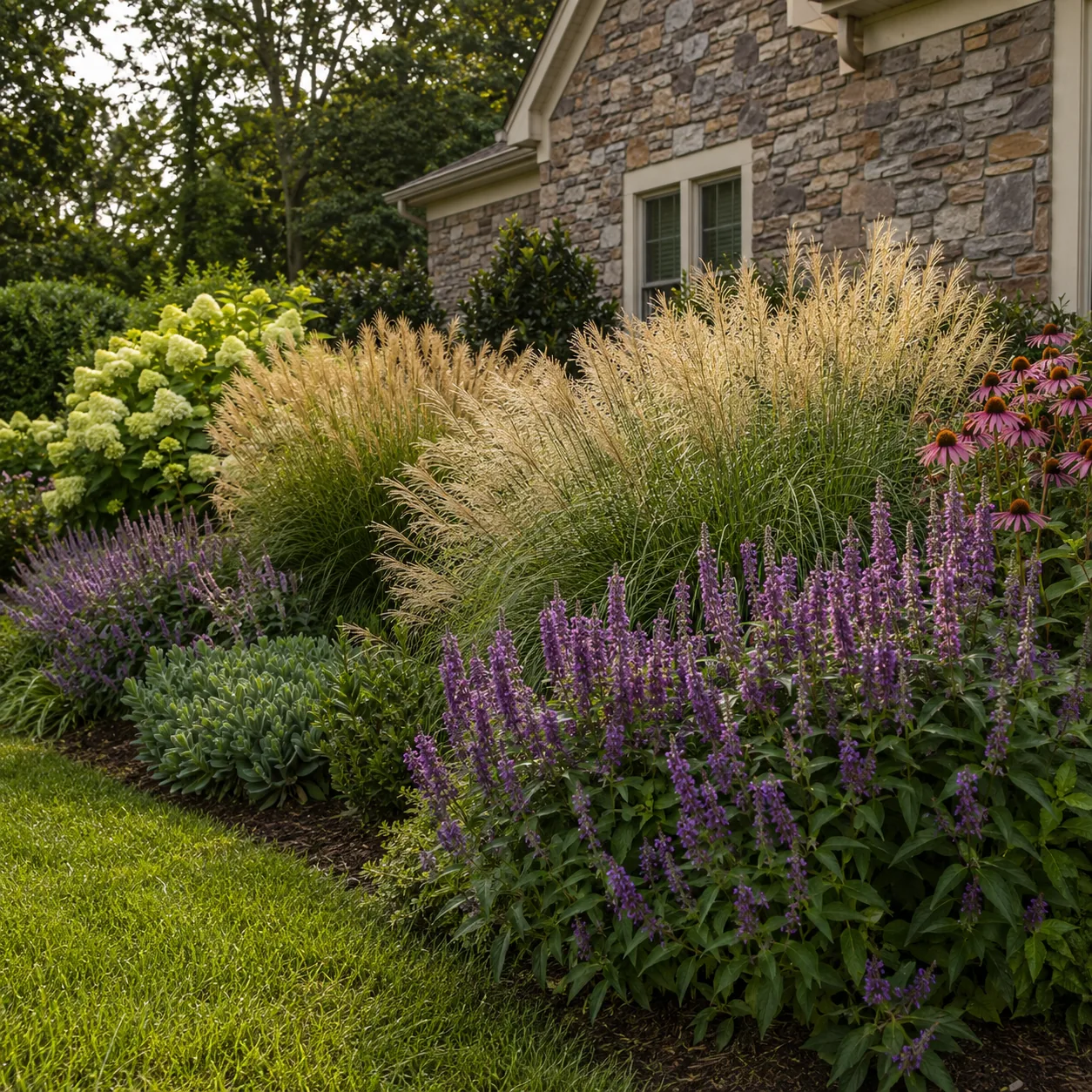 Realistic editorial photo of Ornamental grasses growing in front yard border with deer resistant flowering plants, reali