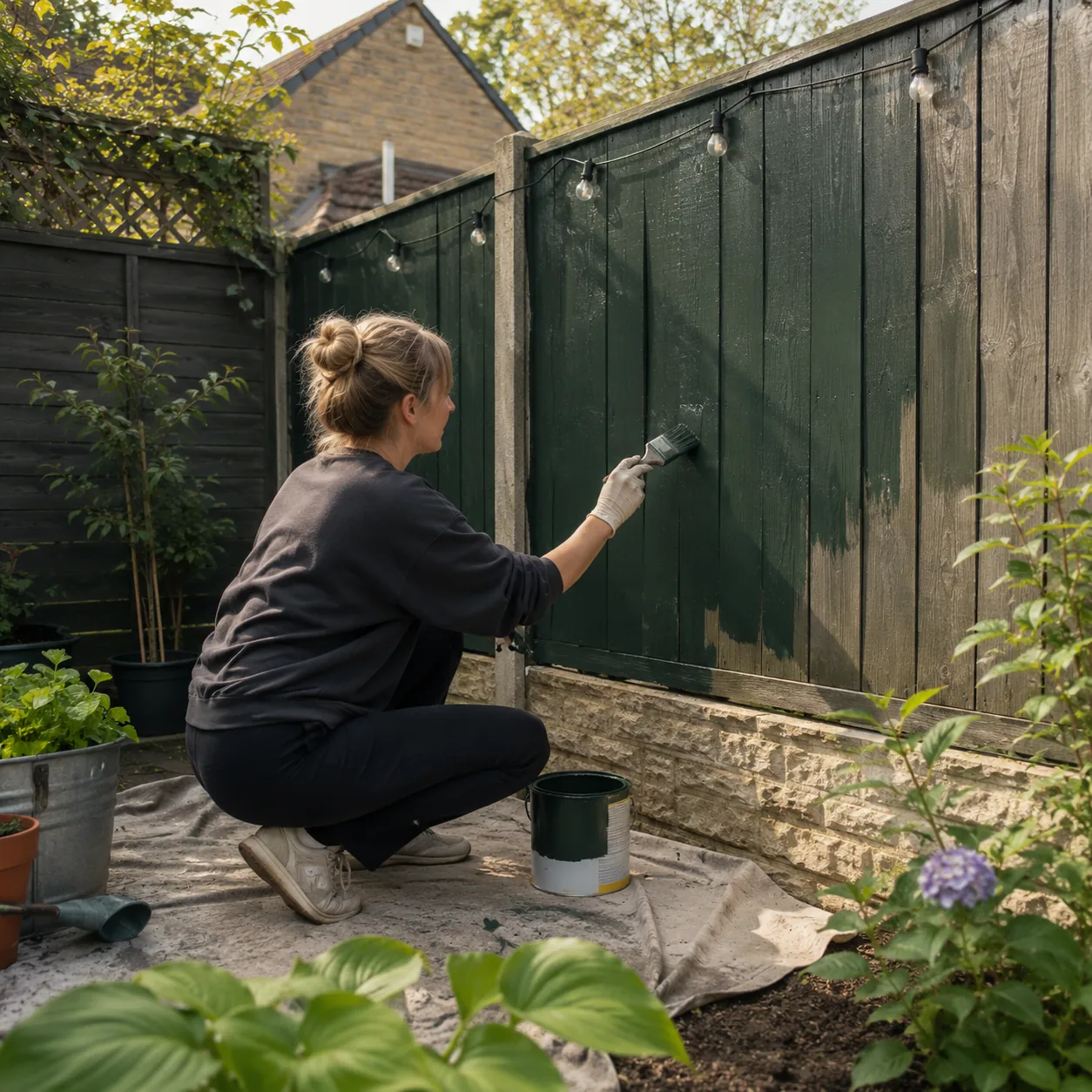 Realistic editorial photo of paint the back fence dark green in small fenced backyard, realistic editorial photo, natura