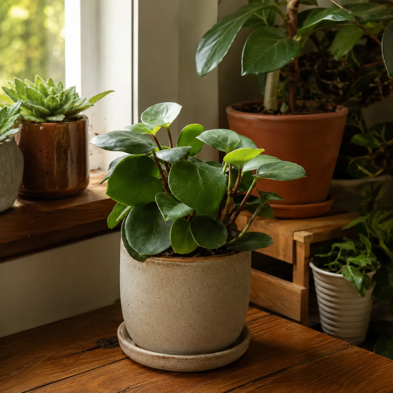 Realistic editorial photo of Peperomia growing in low light room corner with houseplants near a window, realistic editor
