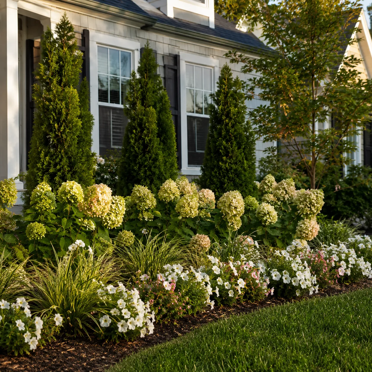 Realistic editorial photo of put tall plants behind short plants in polished suburban front yard, realistic editorial ph