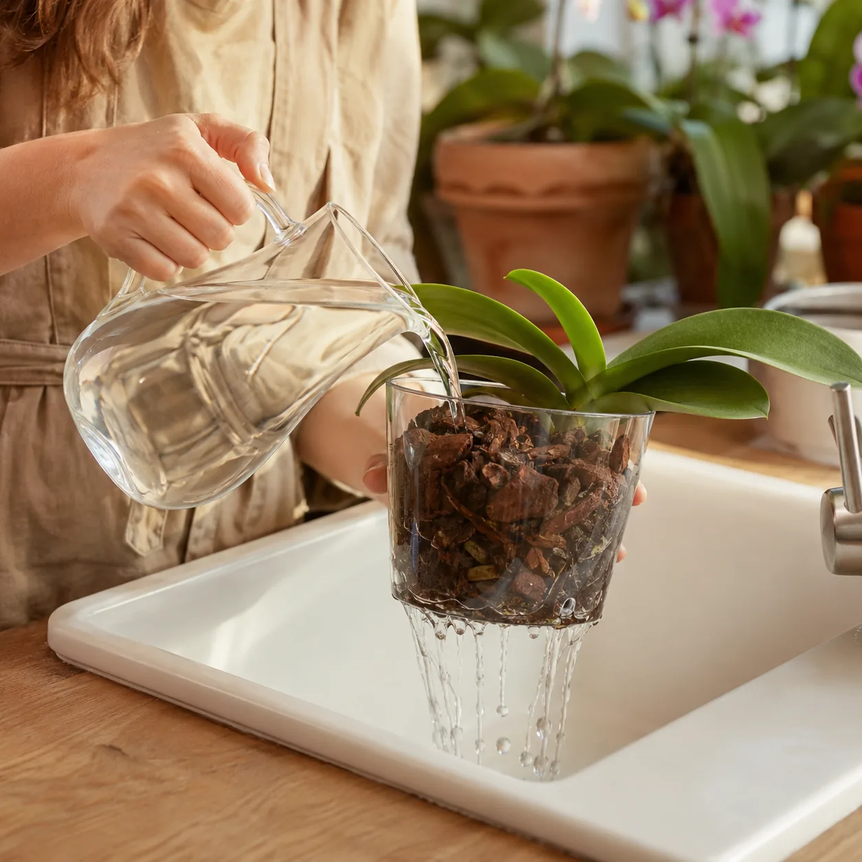 Realistic editorial photo of room temperature water poured through orchid bark over sink, warm natural light, practical 