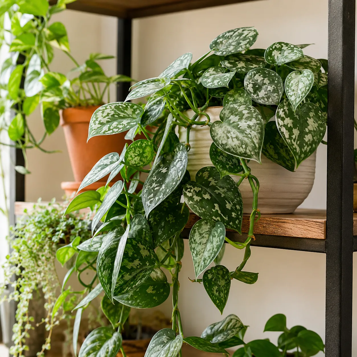 Realistic editorial photo of Satin pothos growing in bright indoor shelf with low maintenance houseplants, realistic edi