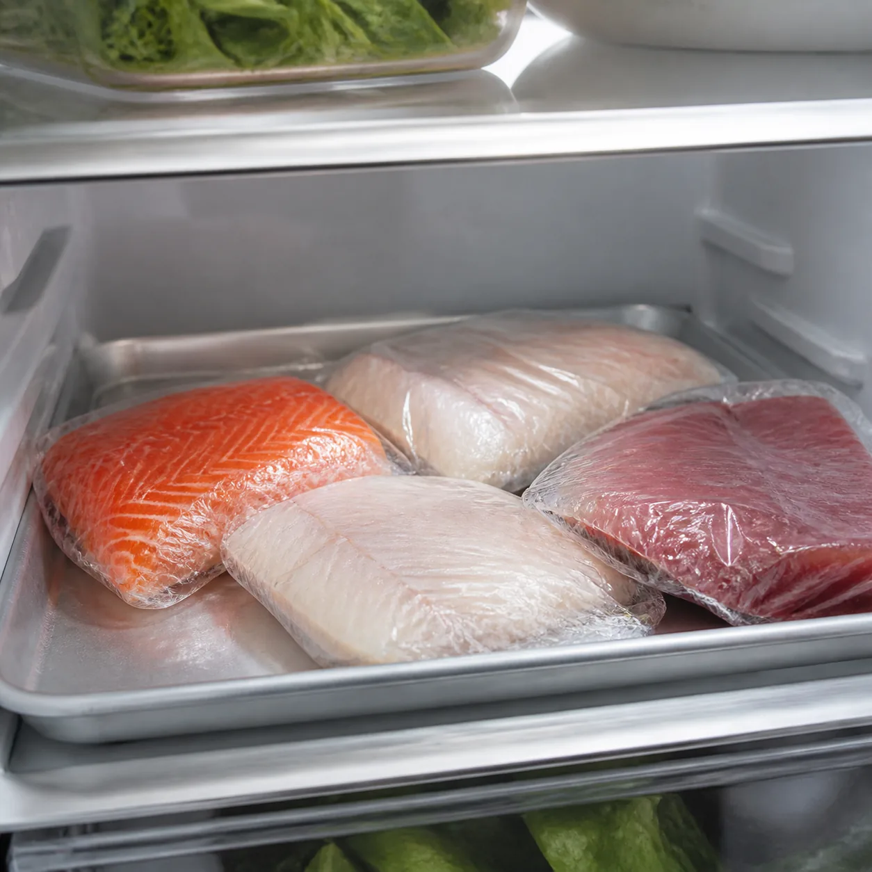 Realistic editorial photo of wrapped fresh fish fillets on a cold lower refrigerator shelf over a shallow tray, clean se