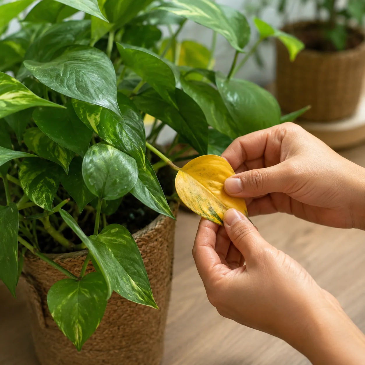 Realistic editorial photo of yellow pothos leaf being removed from otherwise healthy green plant, warm natural light, pr