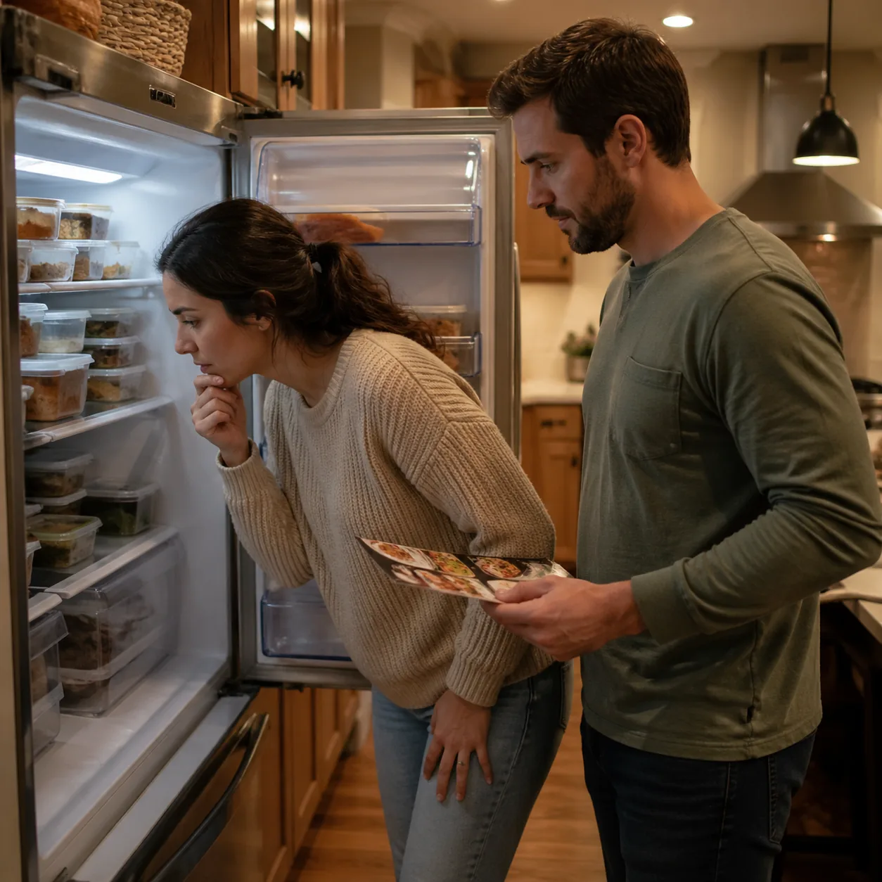 Realistic photo of a wife looking into a refrigerator full of small leftover containers while husband stands beside her 