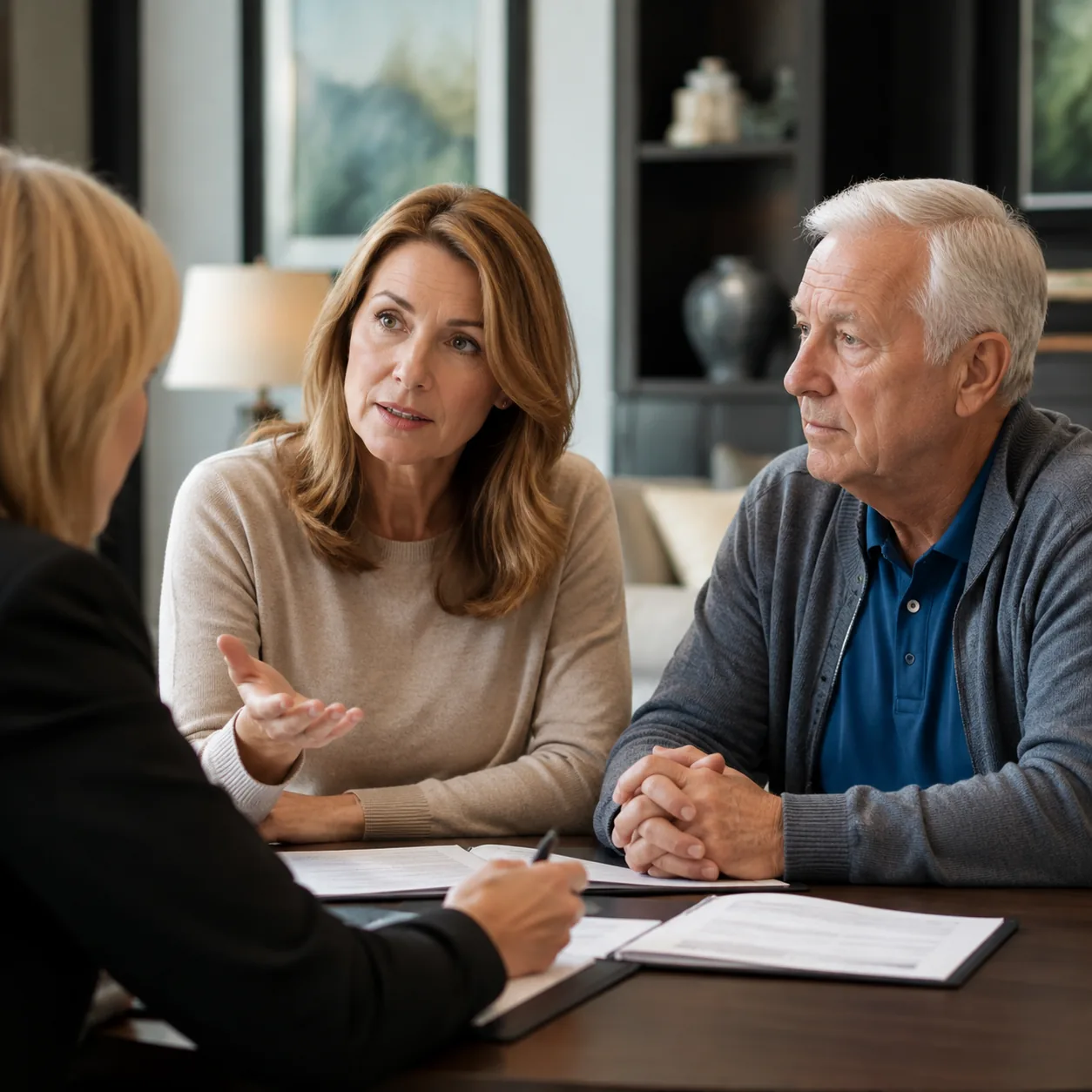 adult daughter asking financial questions in assisted living admissions office, realistic editorial lifestyle photograph