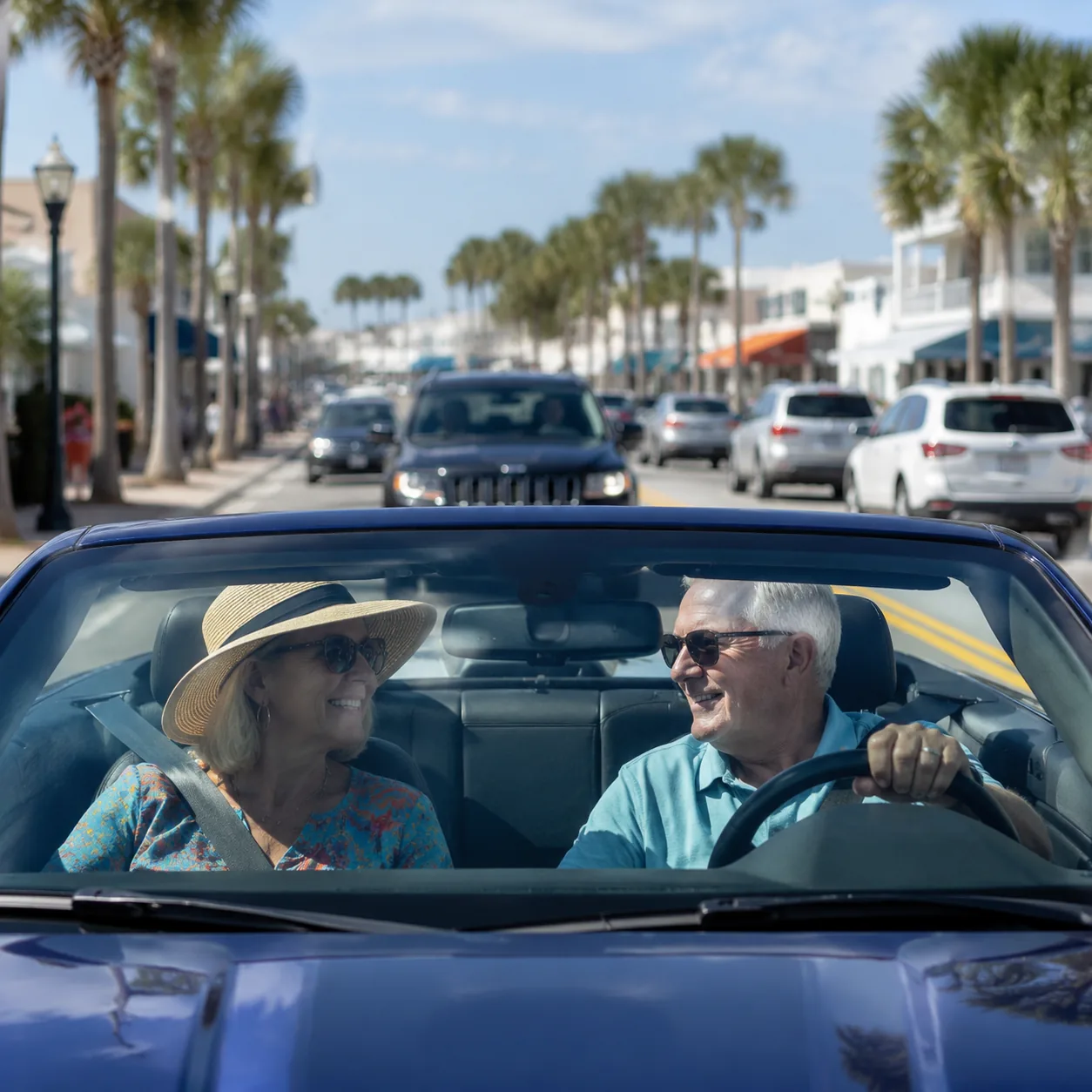busy Florida retirement town street during snowbird season with older couple in car, realistic editorial lifestyle photo