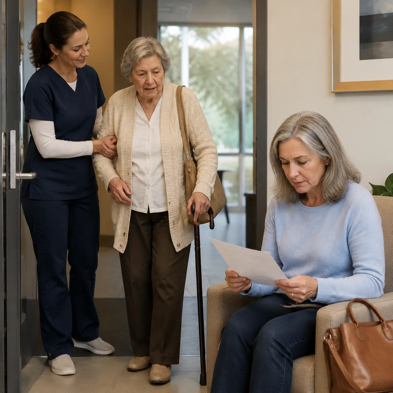 care aide helping older resident into medical office while adult daughter reviews escort fee, realistic editorial lifest