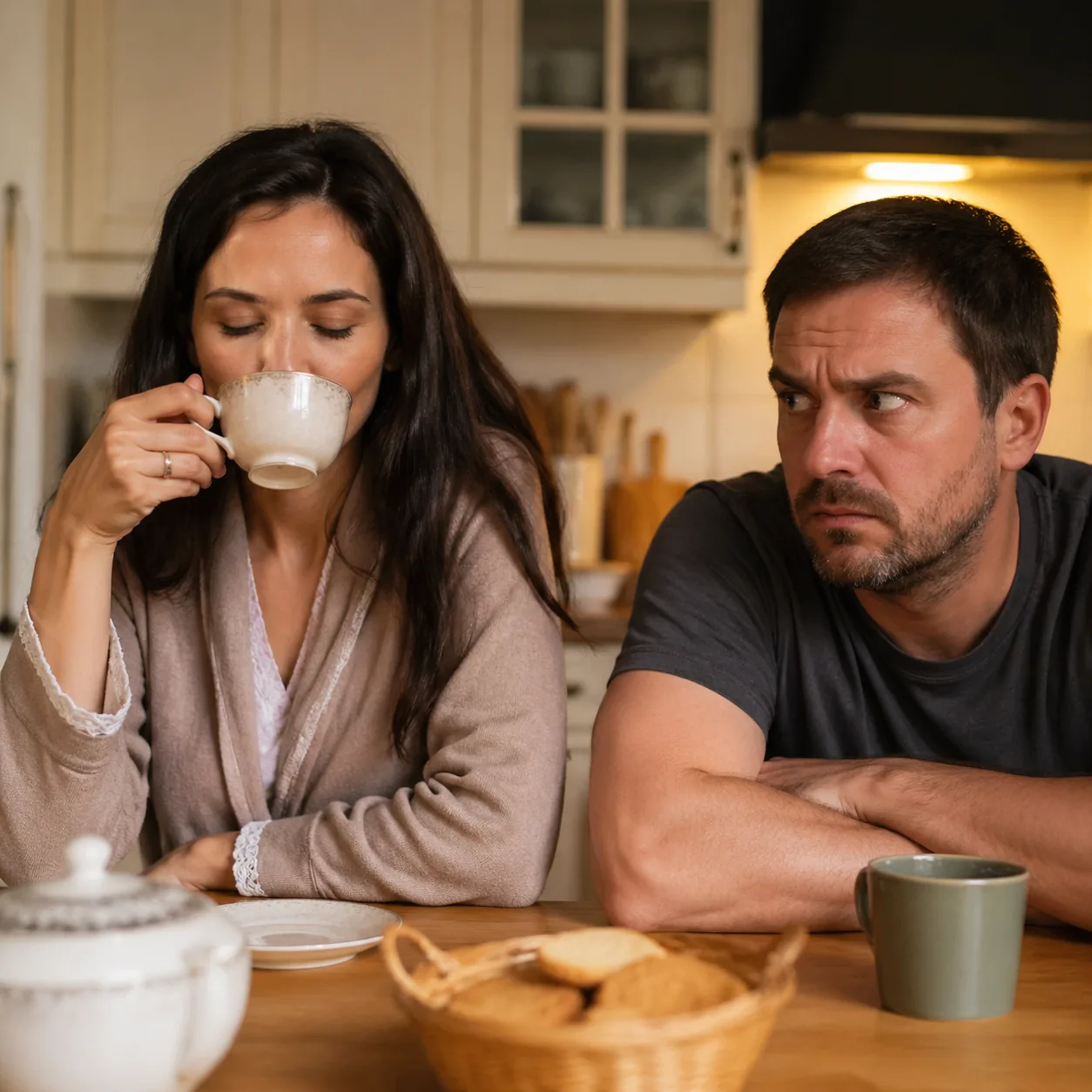 Funny realistic photo of a married couple at a kitchen table, wife calmly sipping tea while husband looks suspiciously w