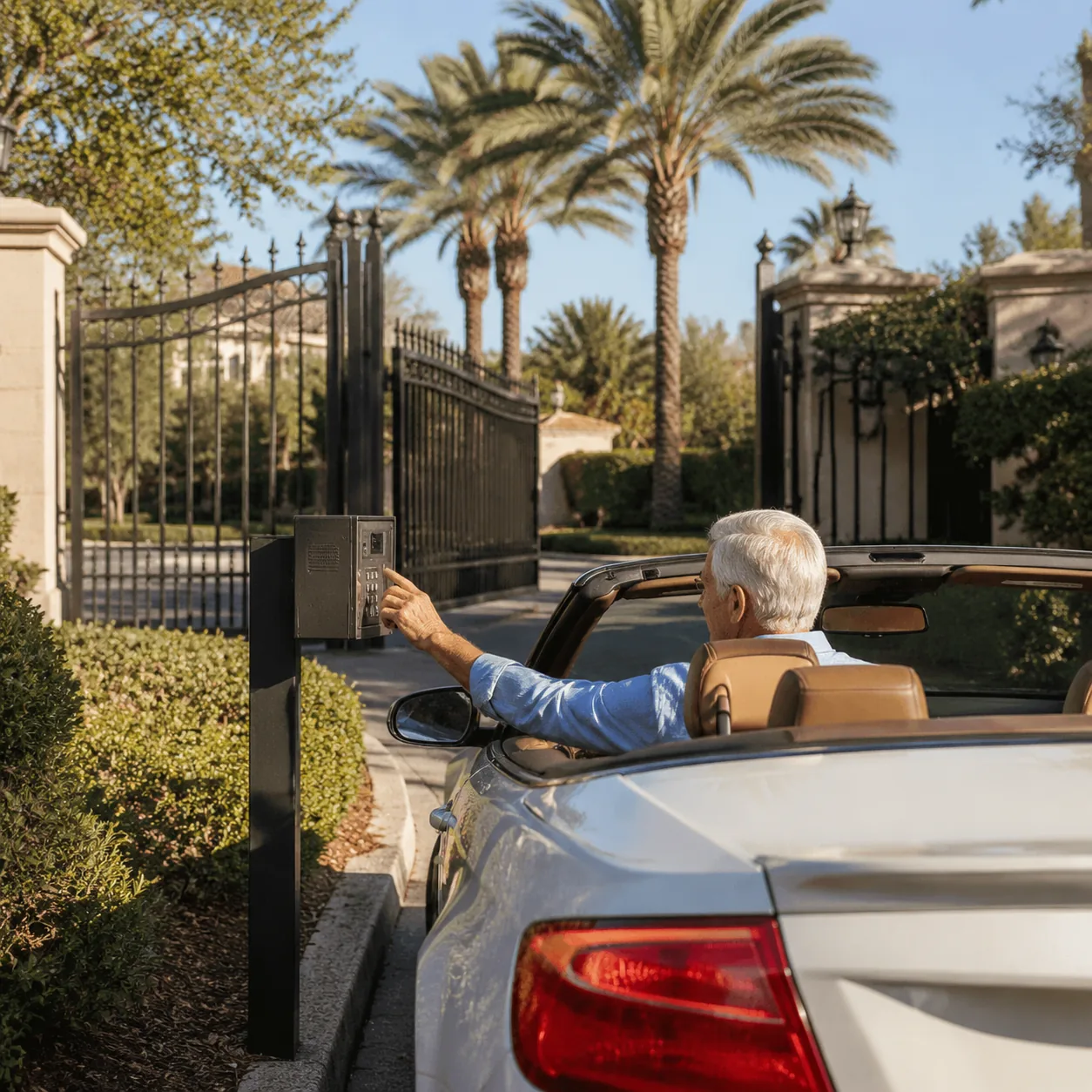 gated 55 plus community entrance with older driver waiting at call box, realistic editorial lifestyle photography for Am
