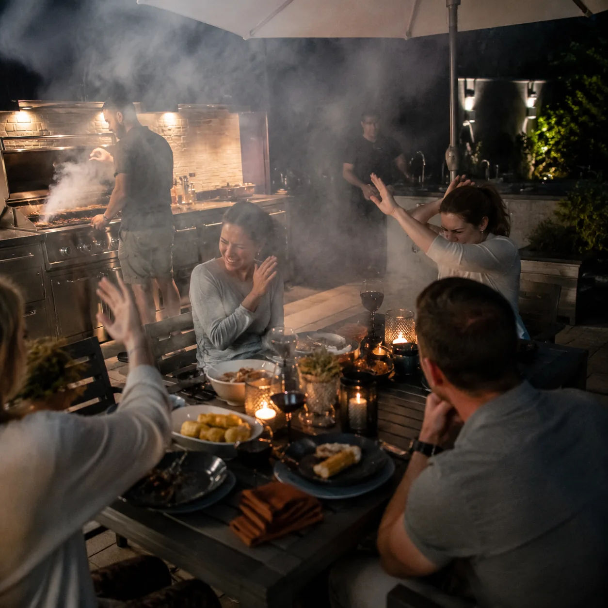 Realistic editorial backyard patio dining table placed directly in smoke from a barbecue grill, guests waving away smoke