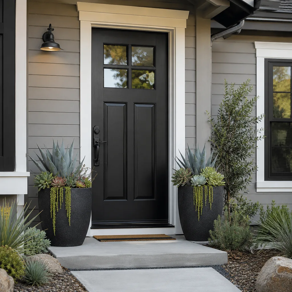 Realistic editorial photo of a black front door on an American home with trim, planters, hardware, and porch details showing plants with similar water needs