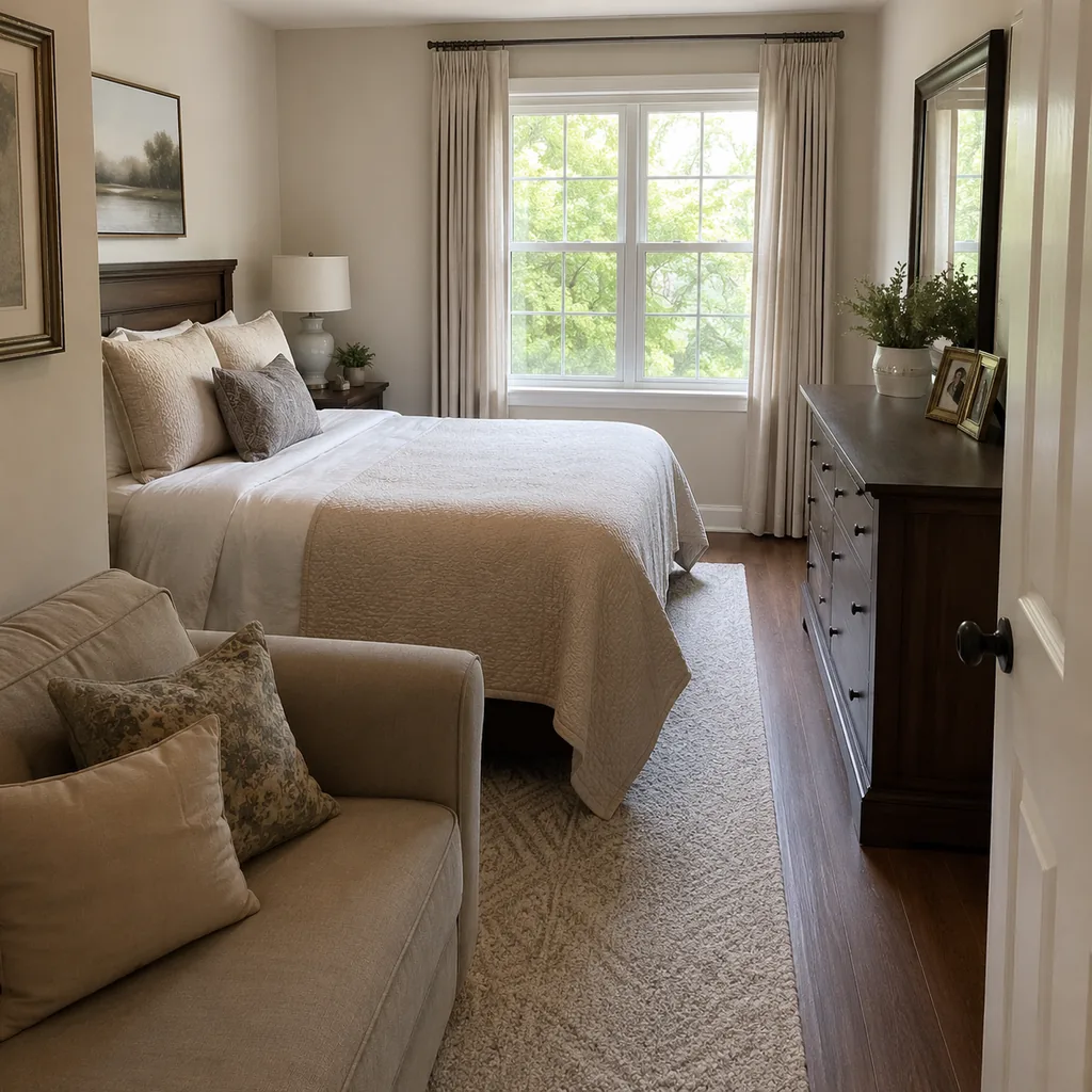Realistic editorial photo of a compact American bedroom with bed, nightstands, window, dresser, and tight walkways showing sofa that does not swallow the floor 