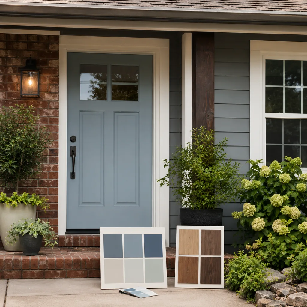 Realistic editorial photo of a front entry with door paint samples, brick, siding, plants, and trim showing soft blue that needs warm wood