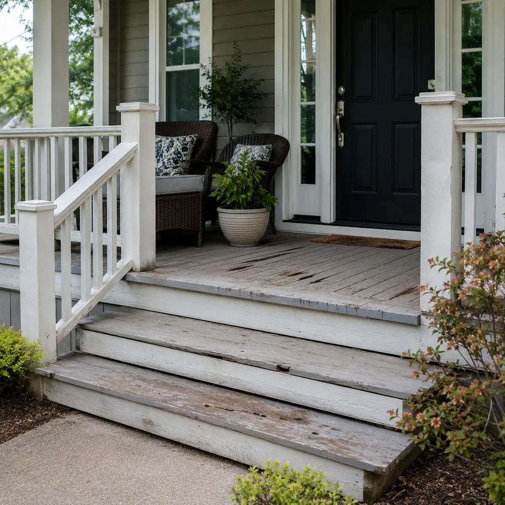 Realistic editorial photo of a front porch prepared for a home showing with steps, door, railings, seating, and curb appeal issues showing deck boards with soft
