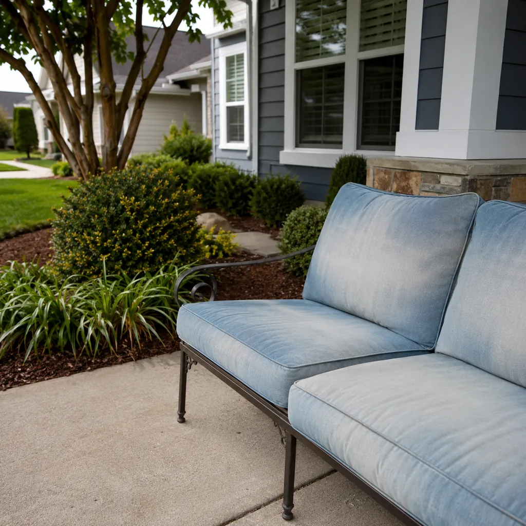 Realistic editorial photo of a landscaped American front yard with lawn, shrubs, mulch beds, trees, walkway, and house exterior showing outdoor fabric that fade