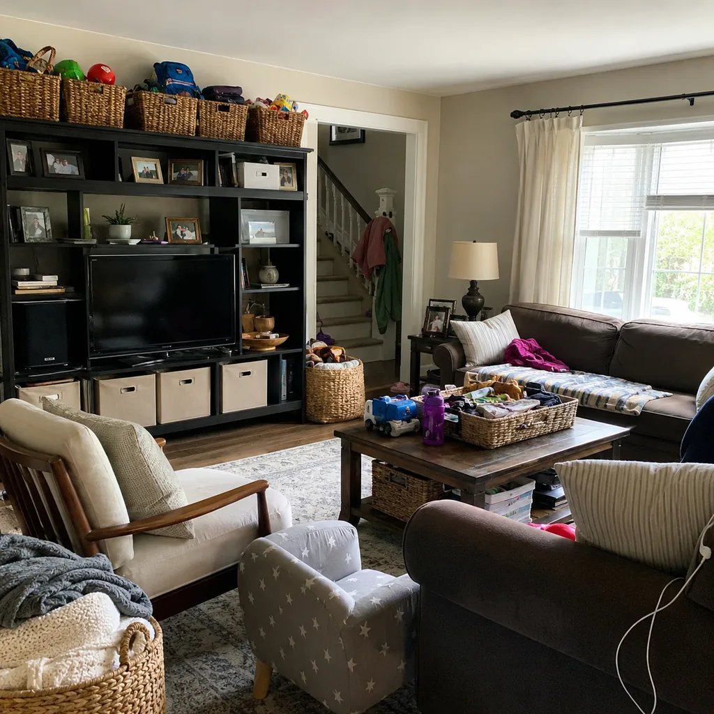 Realistic editorial photo of a living room with crowded surfaces, extra chairs, baskets, blankets, cords, and storage furniture showing kids' gear stored at adu