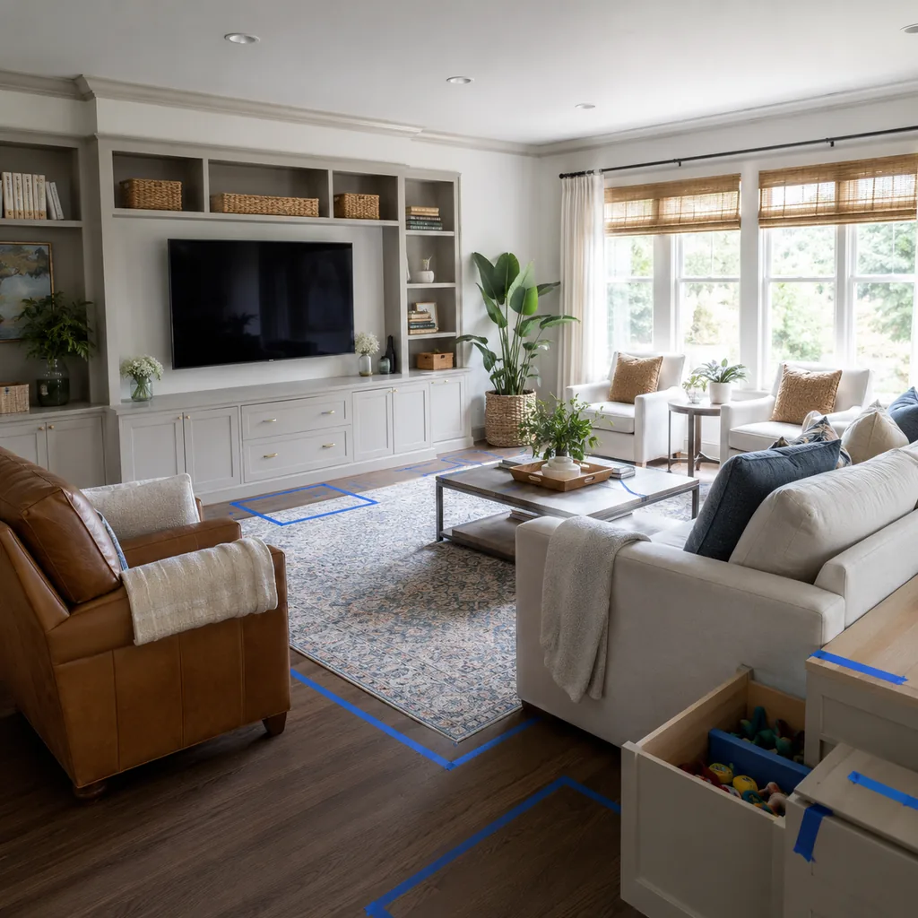 Realistic editorial photo of a living room with sofa, chairs, rug, TV, windows, and taped layout marks showing storage that hides daily clutter
