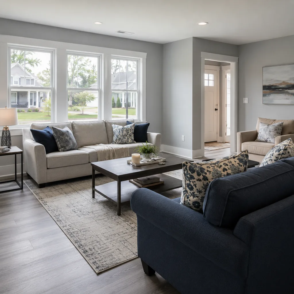 Realistic editorial photo of a living room with sofas in different upholstery colors, pillows, wall paint, and daylight showing cool gray walls with gray floors