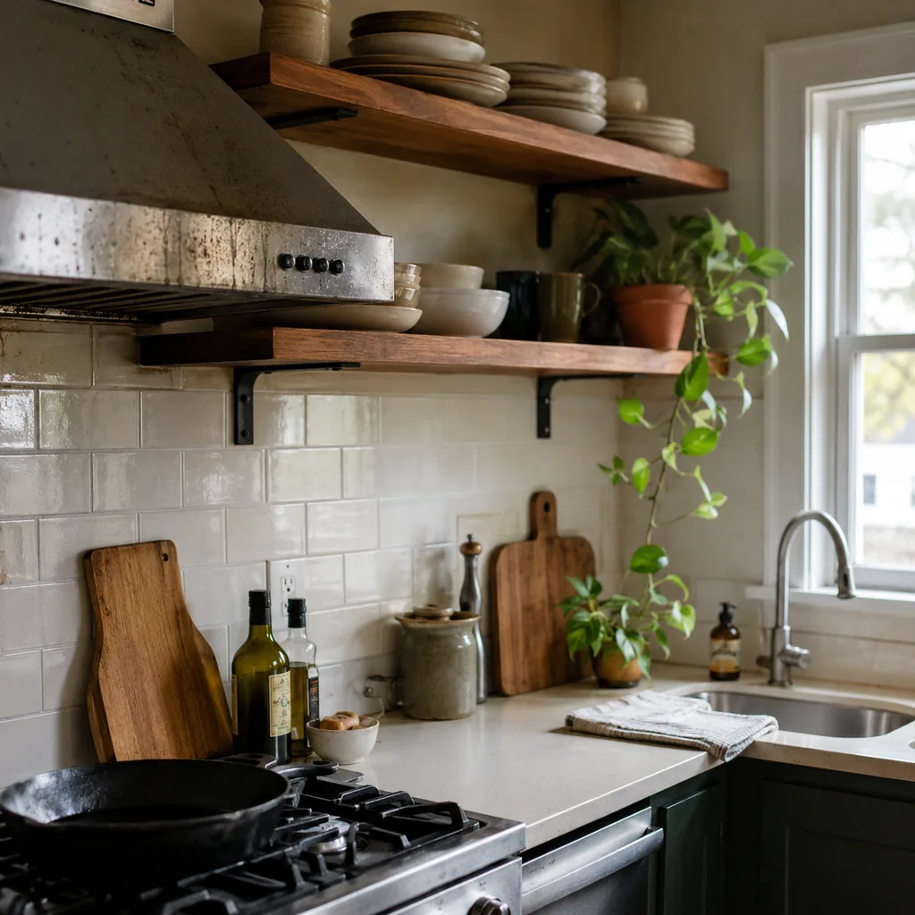 Realistic editorial photo of a realistic American kitchen with sink, cabinets, appliances, counters, and inspection details showing open shelves too close to gr