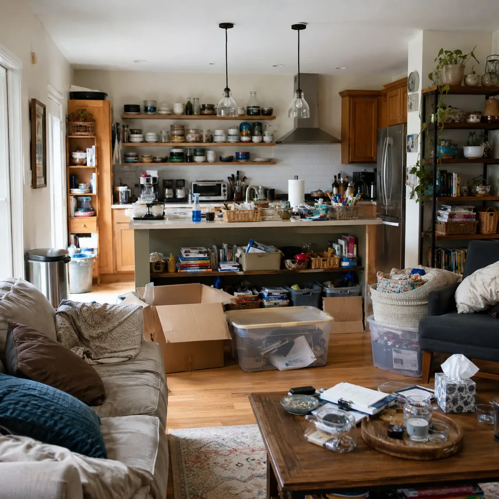 Realistic editorial photo of a realistic cluttered living room and kitchen area with boxes, counters, shelves, and organizing bins showing too many items on ope