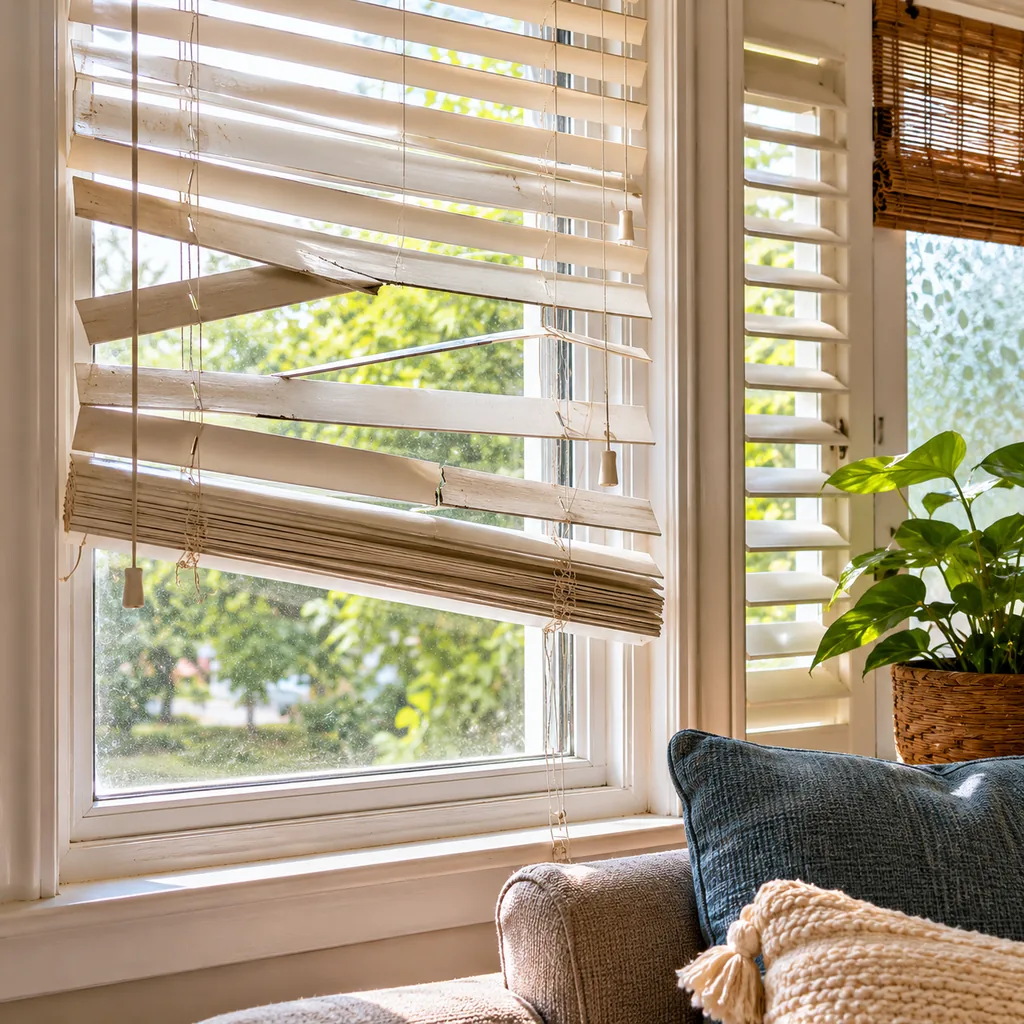 Realistic editorial photo of a room with windows, shades, shutters, woven panels, privacy film, and soft natural light showing blinds with broken or crooked sla