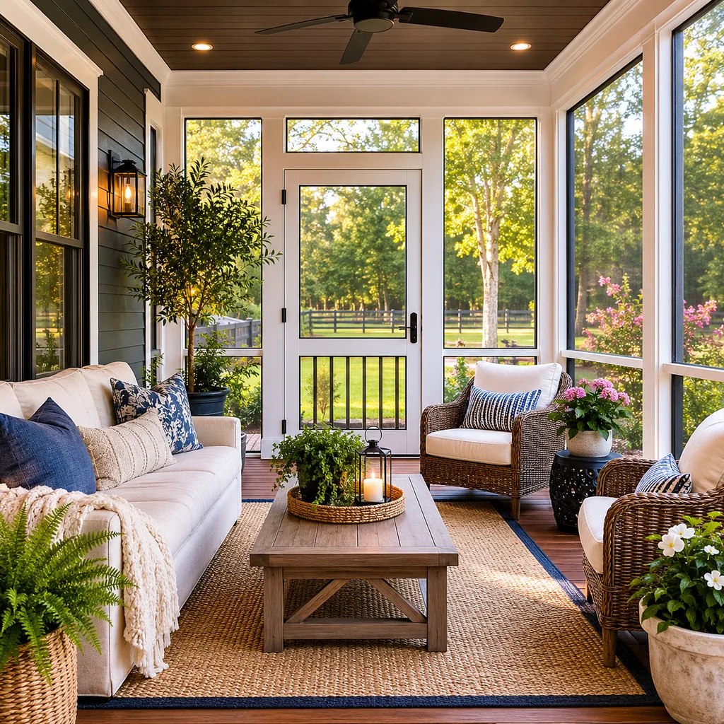 Realistic editorial photo of a screened porch with sofa, chairs, rug, plants, ceiling fan, screens, and soft daylight showing trim details that frame the door