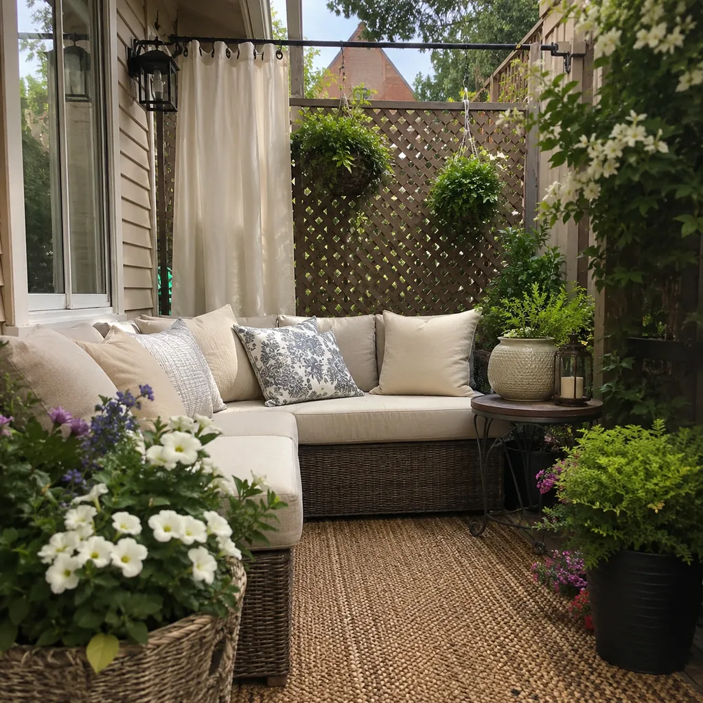 Realistic editorial photo of a small patio with compact seating, outdoor rug, plants, side table, curtains, and privacy screen showing patio with no clear walki